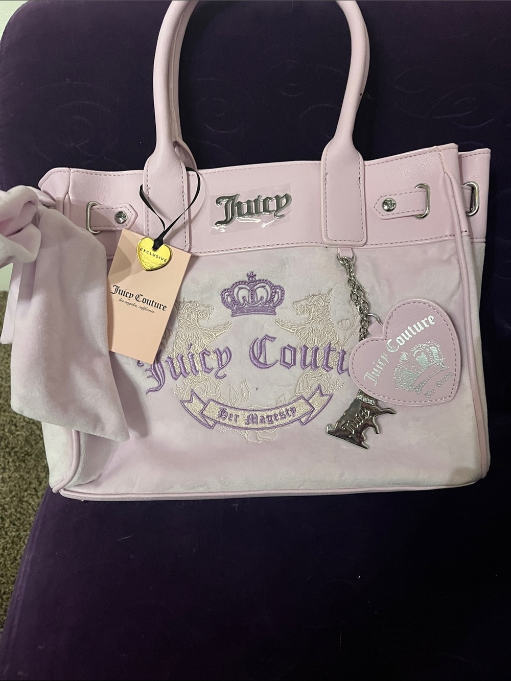 Juicy Couture Light Lavender Her Magesty Embroidered Logo Tote with Charm